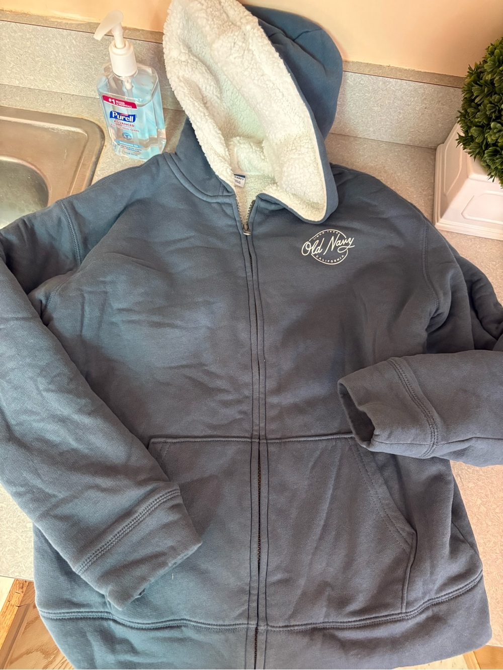Old Navy Kids Hooded Zip Jacket - Slate Blue with Cream Sherpa
